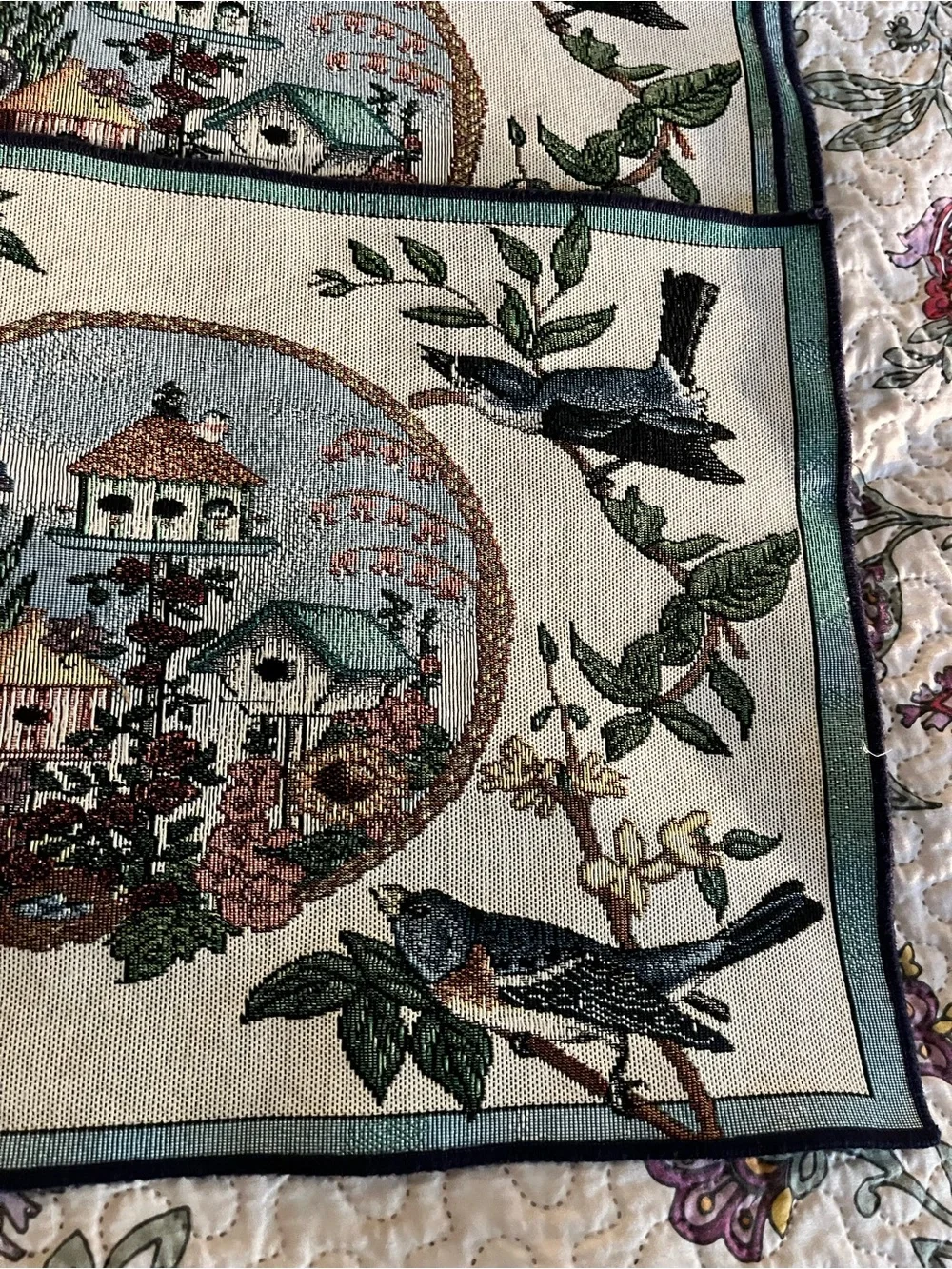 Vintage Cottagecore Placemats Kitchen Table Bird Birdhouse Needlepoint 2161